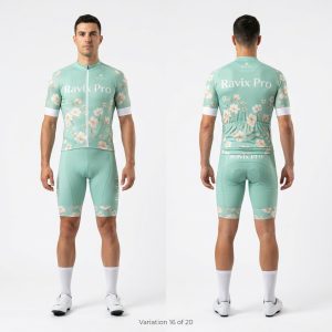 Custom Mint Floral Cycling Kit – front and back view, custom manufactured by Ravix Pro Industry, Sialkot