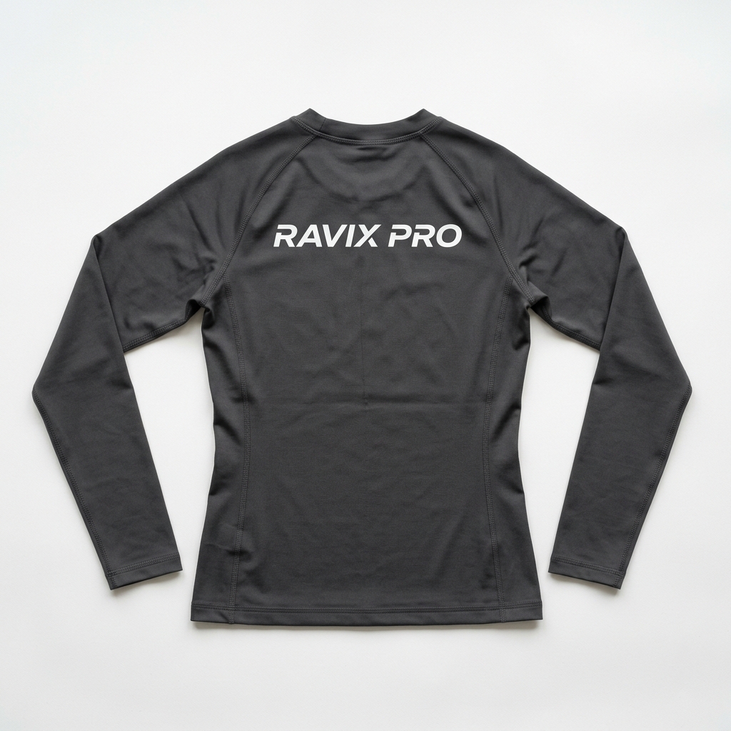 Custom Charcoal Long Sleeve Training Top Custom Charcoal Long Sleeve Training Top – front and back view, custom manufactured by Ravix Pro Industry, Sialkot