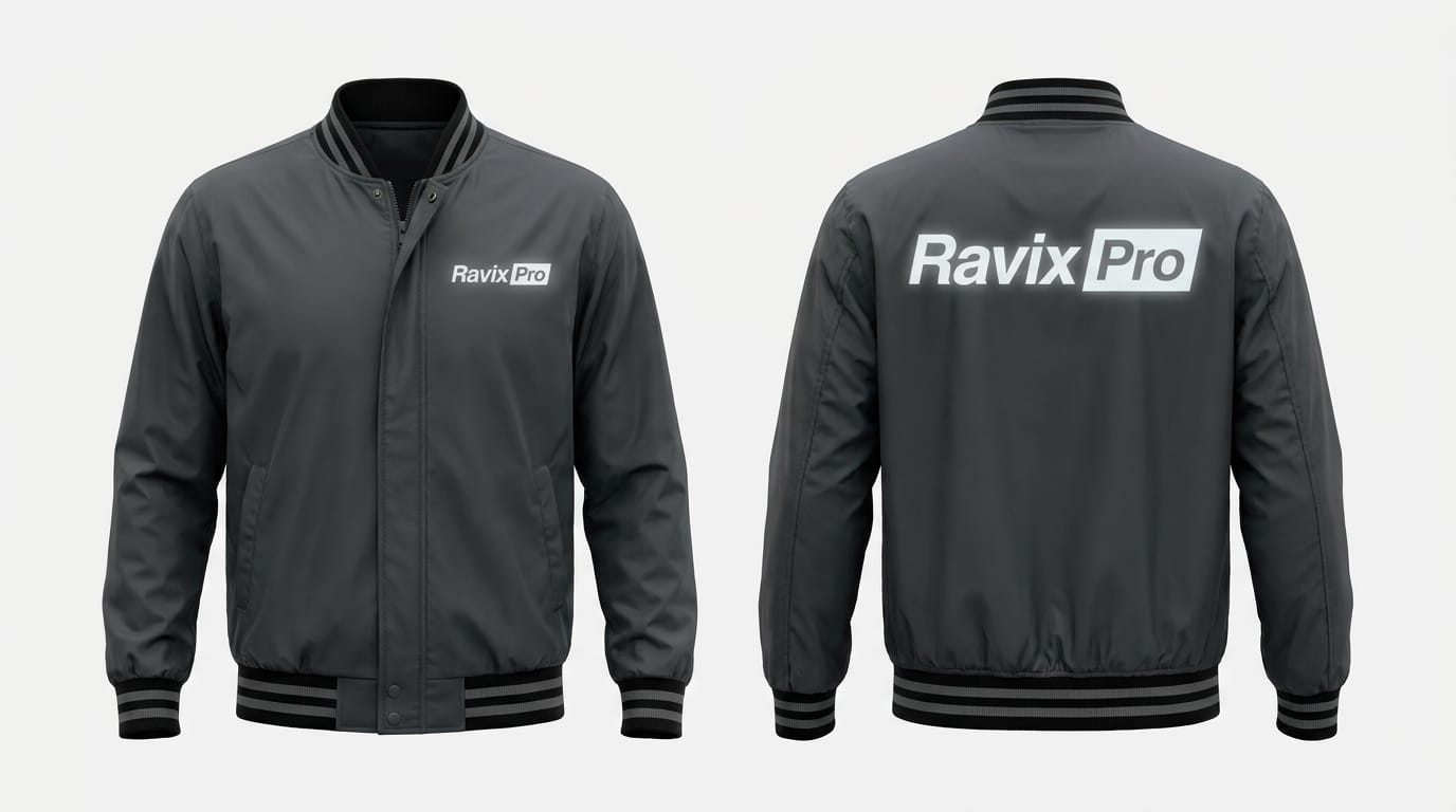 Custom Dark Grey Bomber Jacket with White Back Logo Custom Dark Grey Bomber Jacket with White Back Logo – front and back view, custom manufactured by Ravix Pro Industry, Sialkot