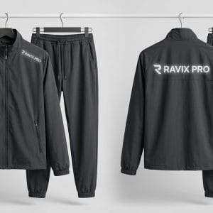 Custom Black Windbreaker Tracksuit with Reflective Logo – front and back view, custom manufactured by Ravix Pro Industry, Sialkot