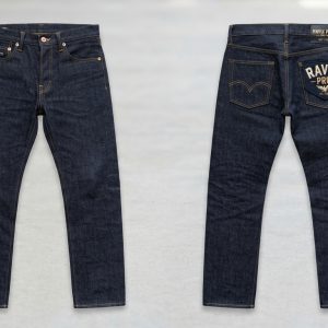Custom Rinse Indigo Jeans with Back Pocket Print – front and back view, custom manufactured by Ravix Pro Industry, Sialkot