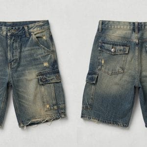 Custom Distressed Cargo Denim Shorts with Chenille Patch – front and back view, custom manufactured by Ravix Pro Industry, Sialkot
