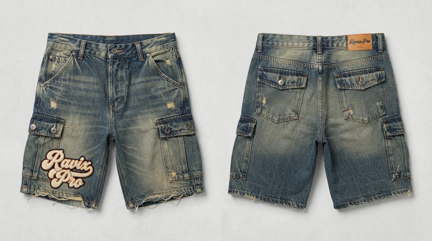 Custom Distressed Cargo Denim Shorts with Chenille Patch Custom Distressed Cargo Denim Shorts with Chenille Patch – front and back view, custom manufactured by Ravix Pro Industry, Sialkot