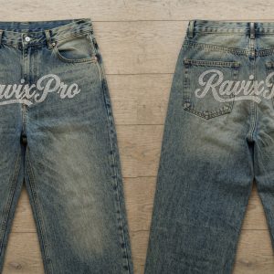 Custom Vintage Baggy Jeans with Bleached Script – front and back view, custom manufactured by Ravix Pro Industry, Sialkot