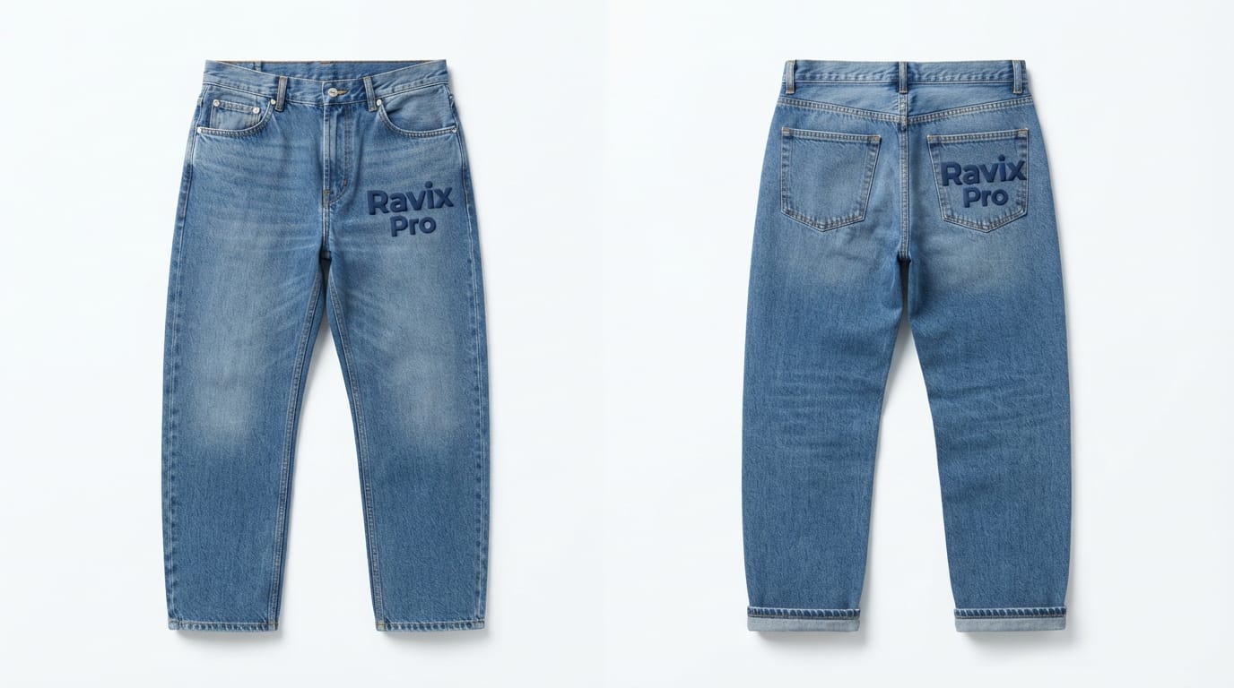 Custom Mid Wash Relaxed Jeans with Tonal Print Custom Mid Wash Relaxed Jeans with Tonal Print – front and back view, custom manufactured by Ravix Pro Industry, Sialkot