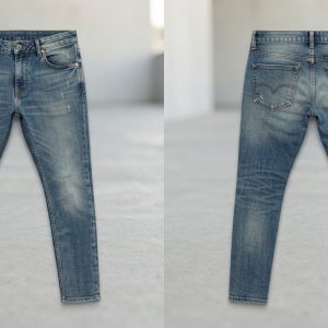 Custom Faded Blue Slim Jeans – front and back view, custom manufactured by Ravix Pro Industry, Sialkot