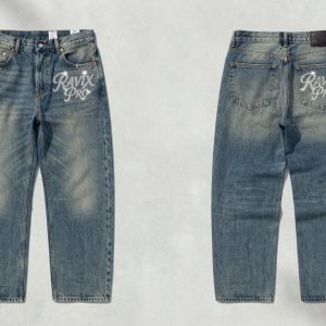 Custom Vintage Wash Jeans with Embroidered Script – front and back view, custom manufactured by Ravix Pro Industry, Sialkot
