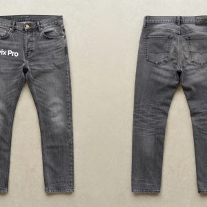 Custom Grey Slim Jeans with Front Script – front and back view, custom manufactured by Ravix Pro Industry, Sialkot
