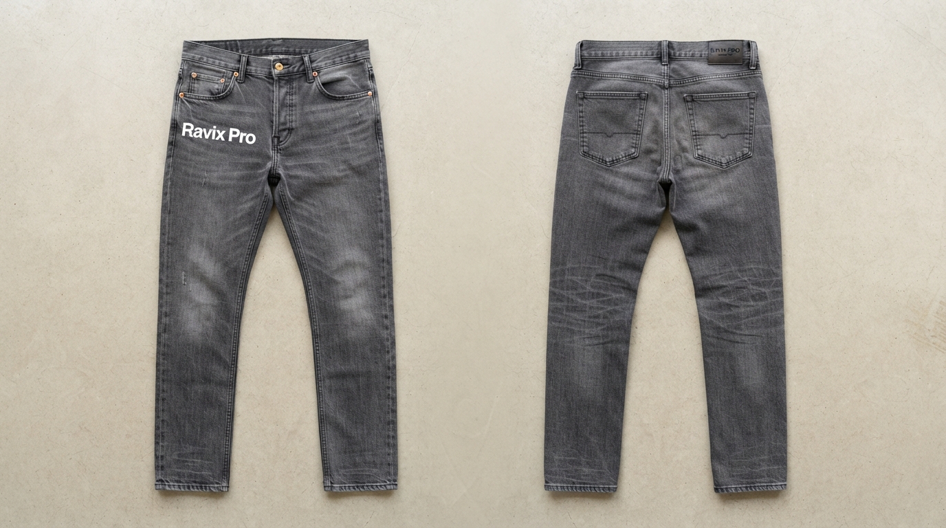 Custom Grey Slim Jeans with Front Script Custom Grey Slim Jeans with Front Script – front and back view, custom manufactured by Ravix Pro Industry, Sialkot