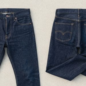 Custom Dark Rinse Straight Leg Jeans with Selvedge Cuff – front and back view, custom manufactured by Ravix Pro Industry, Sialkot