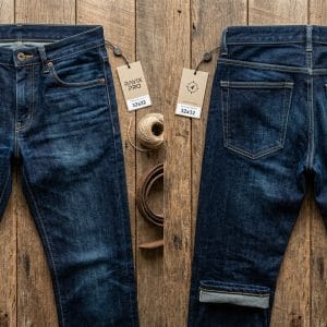Custom Dark Indigo Selvedge Jeans with Embroidered Back Pocket – front and back view, custom manufactured by Ravix Pro Industry, Sialkot