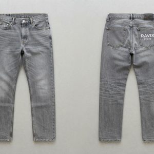 Custom Grey Wash Straight Jeans with Pocket Print – front and back view, custom manufactured by Ravix Pro Industry, Sialkot