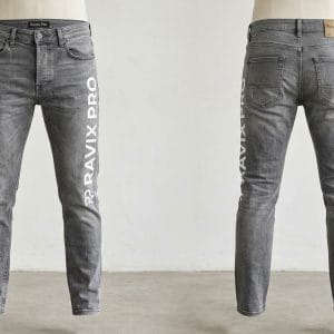 Custom Grey Slim Jeans with Vertical Leg Print – front and back view, custom manufactured by Ravix Pro Industry, Sialkot