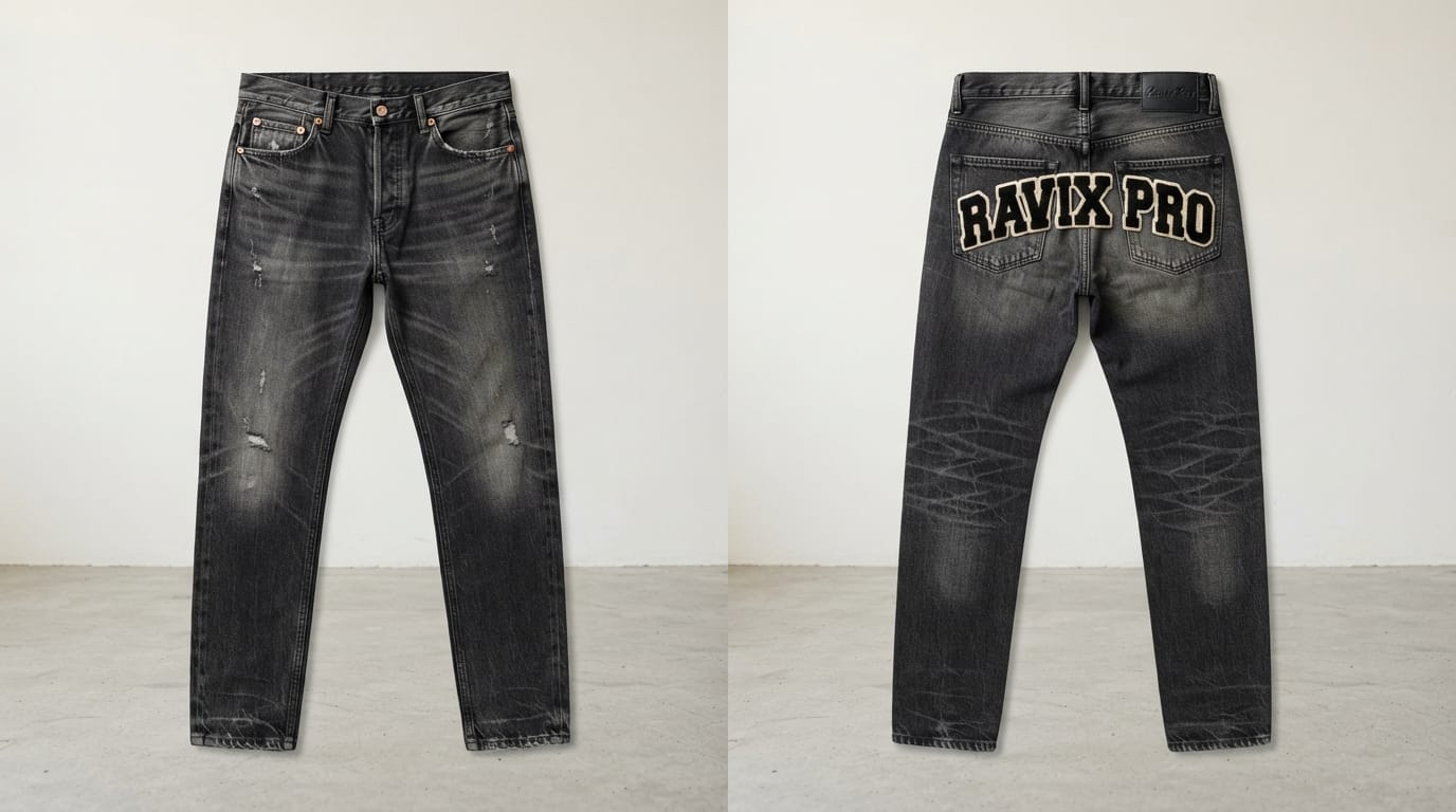 Custom Black Washed Jeans with Chenille Back Patch Custom Black Washed Jeans with Chenille Back Patch – front and back view, custom manufactured by Ravix Pro Industry, Sialkot