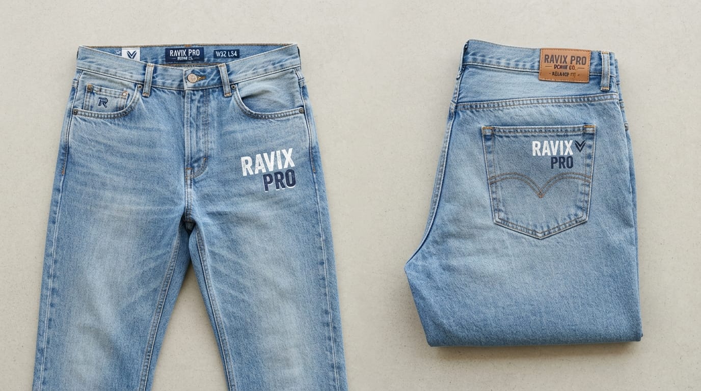 Custom Light Wash Jeans with Printed Thigh Logo Custom Light Wash Jeans with Printed Thigh Logo – front and back view, custom manufactured by Ravix Pro Industry, Sialkot