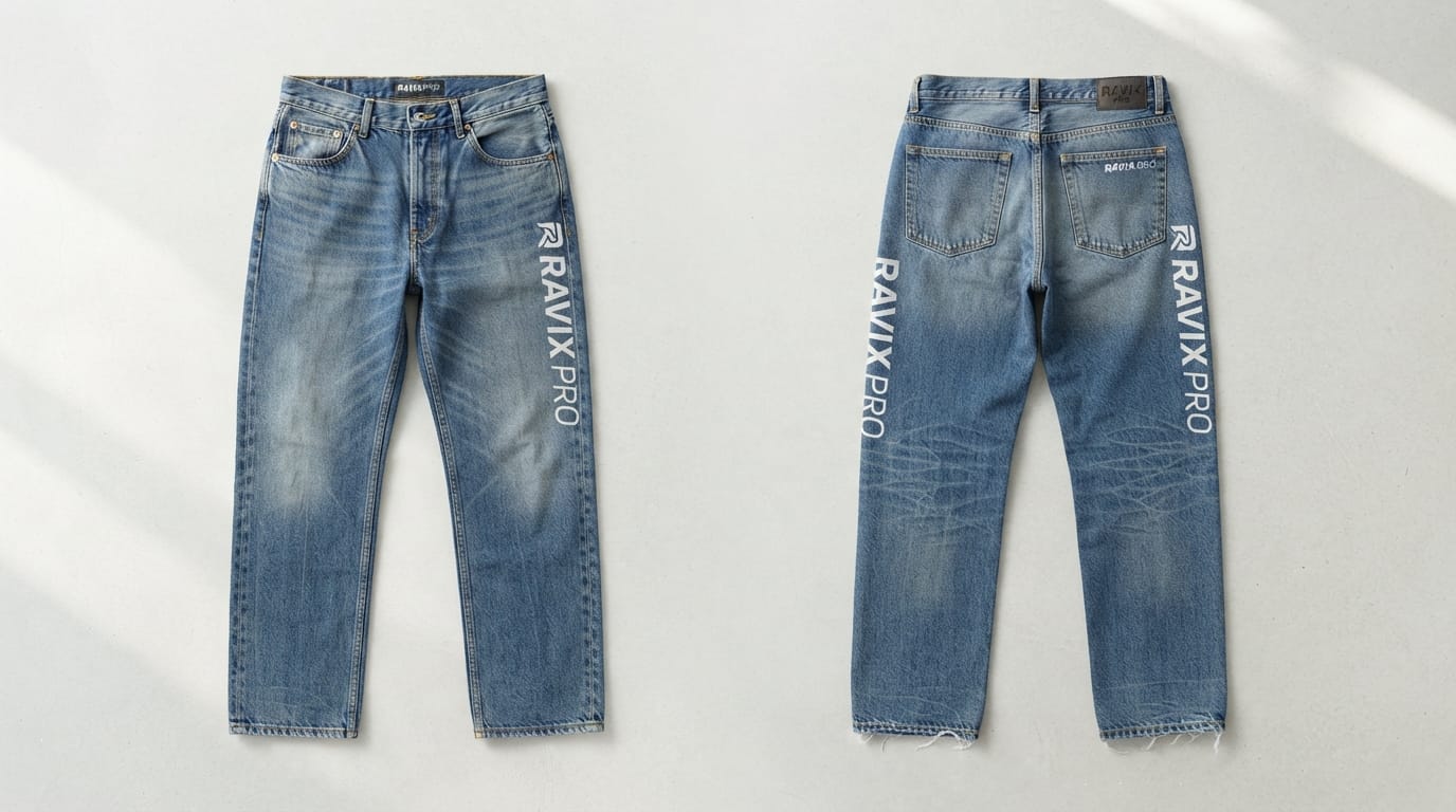Custom Light Wash Jeans with Leg Logo Print Custom Light Wash Jeans with Leg Logo Print – front and back view, custom manufactured by Ravix Pro Industry, Sialkot