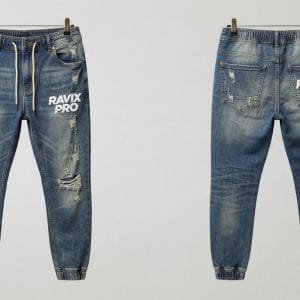 Custom Denim Joggers with Drawcord and Print – front and back view, custom manufactured by Ravix Pro Industry, Sialkot