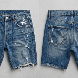 Custom Heavily Distressed Denim Shorts – front and back view, custom manufactured by Ravix Pro Industry, Sialkot