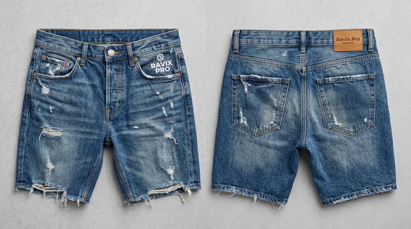 Custom Heavily Distressed Denim Shorts Custom Heavily Distressed Denim Shorts – front and back view, custom manufactured by Ravix Pro Industry, Sialkot