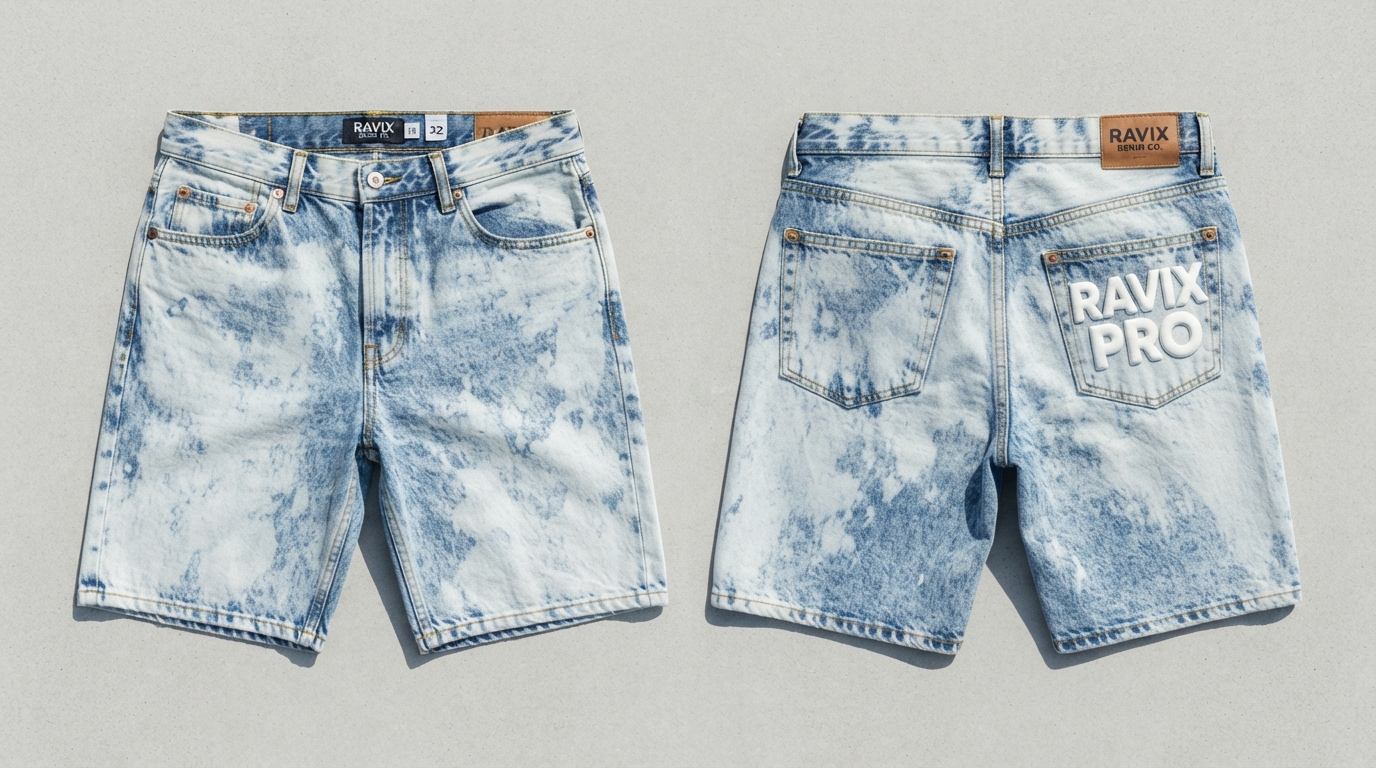 Custom Bleached Acid Wash Denim Shorts Custom Bleached Acid Wash Denim Shorts – front and back view, custom manufactured by Ravix Pro Industry, Sialkot