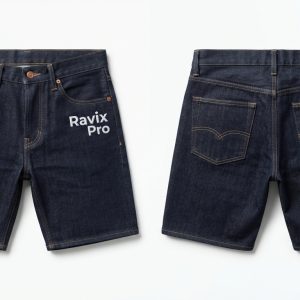 Custom Rinse Denim Shorts with Front and Back Logo – front and back view, custom manufactured by Ravix Pro Industry, Sialkot
