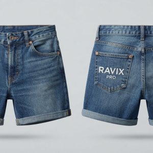 Custom Mid Wash Cuffed Denim Shorts – front and back view, custom manufactured by Ravix Pro Industry, Sialkot