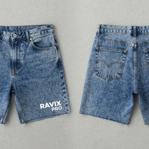 Custom Acid Wash Denim Shorts with Leg Print – front and back view, custom manufactured by Ravix Pro Industry, Sialkot