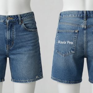 Custom Mid Wash Denim Shorts with Back Script – front and back view, custom manufactured by Ravix Pro Industry, Sialkot