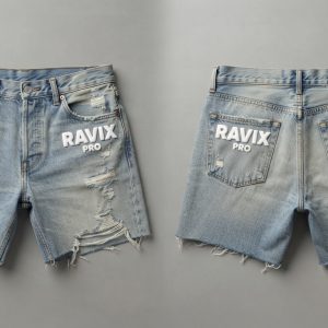 Custom Light Ripped Denim Shorts with Logo Print – front and back view, custom manufactured by Ravix Pro Industry, Sialkot
