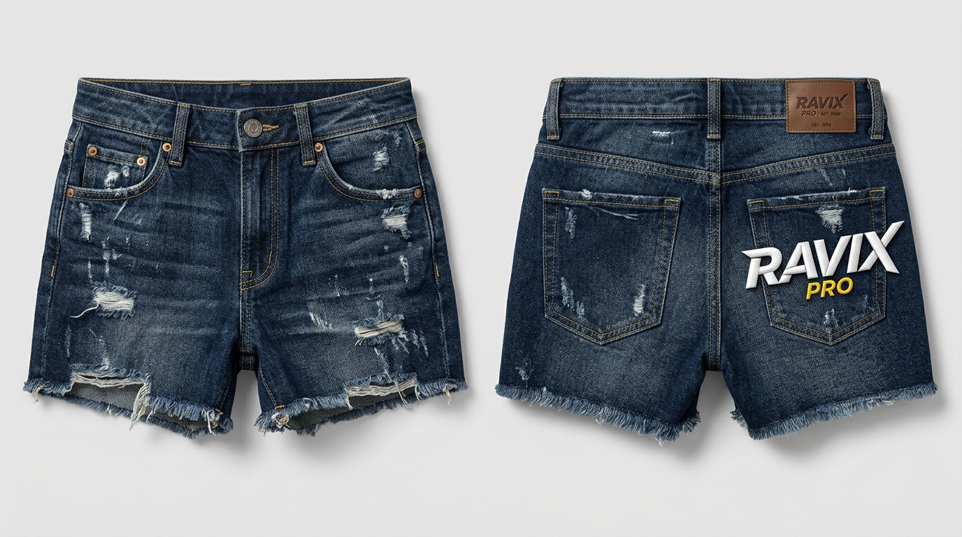 Custom Dark Ripped Denim Shorts with Back Print Custom Dark Ripped Denim Shorts with Back Print – front and back view, custom manufactured by Ravix Pro Industry, Sialkot