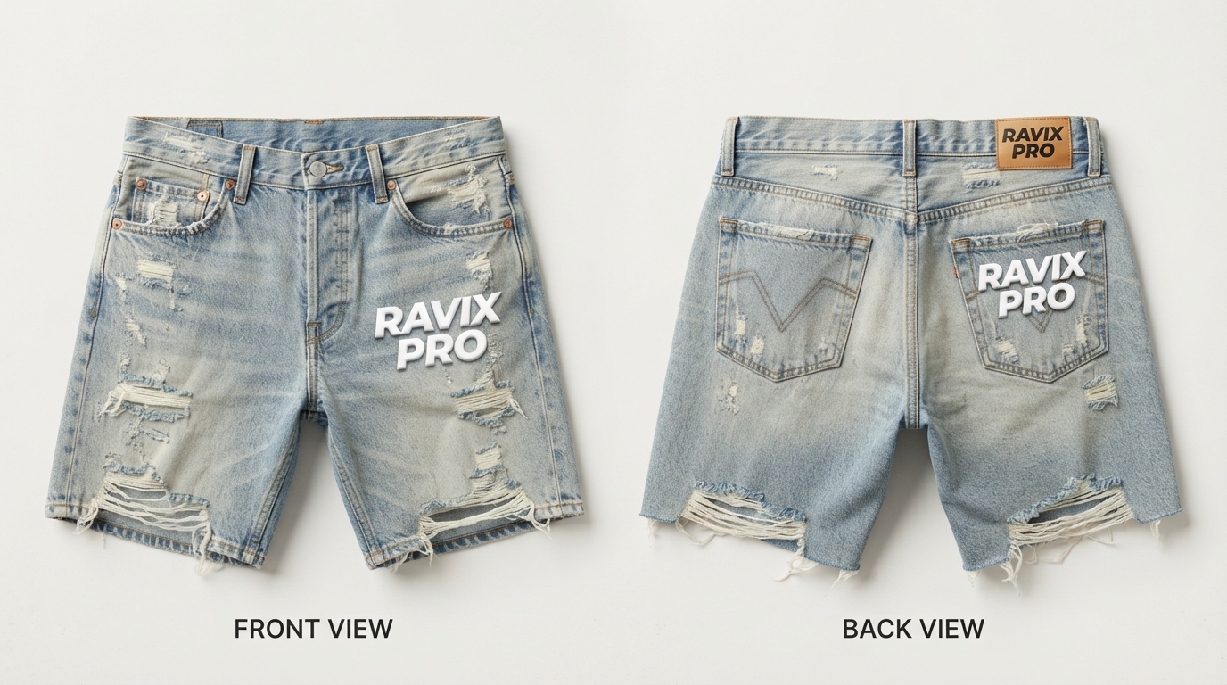 Custom Bleached Ripped Denim Shorts with Print Custom Bleached Ripped Denim Shorts with Print – front and back view, custom manufactured by Ravix Pro Industry, Sialkot