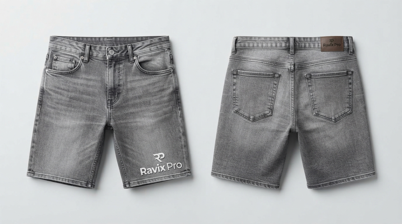 Custom Grey Denim Shorts with Navy Script Custom Grey Denim Shorts with Navy Script – front and back view, custom manufactured by Ravix Pro Industry, Sialkot
