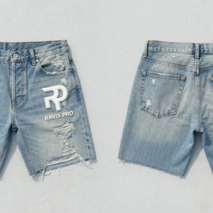 Custom Ripped Light Denim Shorts with Monogram – front and back view, custom manufactured by Ravix Pro Industry, Sialkot