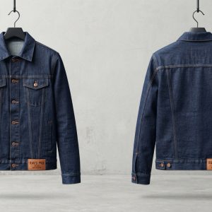 Custom Raw Indigo Denim Jacket with Leather Patch – front and back view, custom manufactured by Ravix Pro Industry, Sialkot