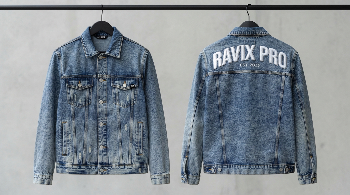 Custom Light Wash Denim Jacket with Back Print Custom Light Wash Denim Jacket with Back Print – front and back view, custom manufactured by Ravix Pro Industry, Sialkot