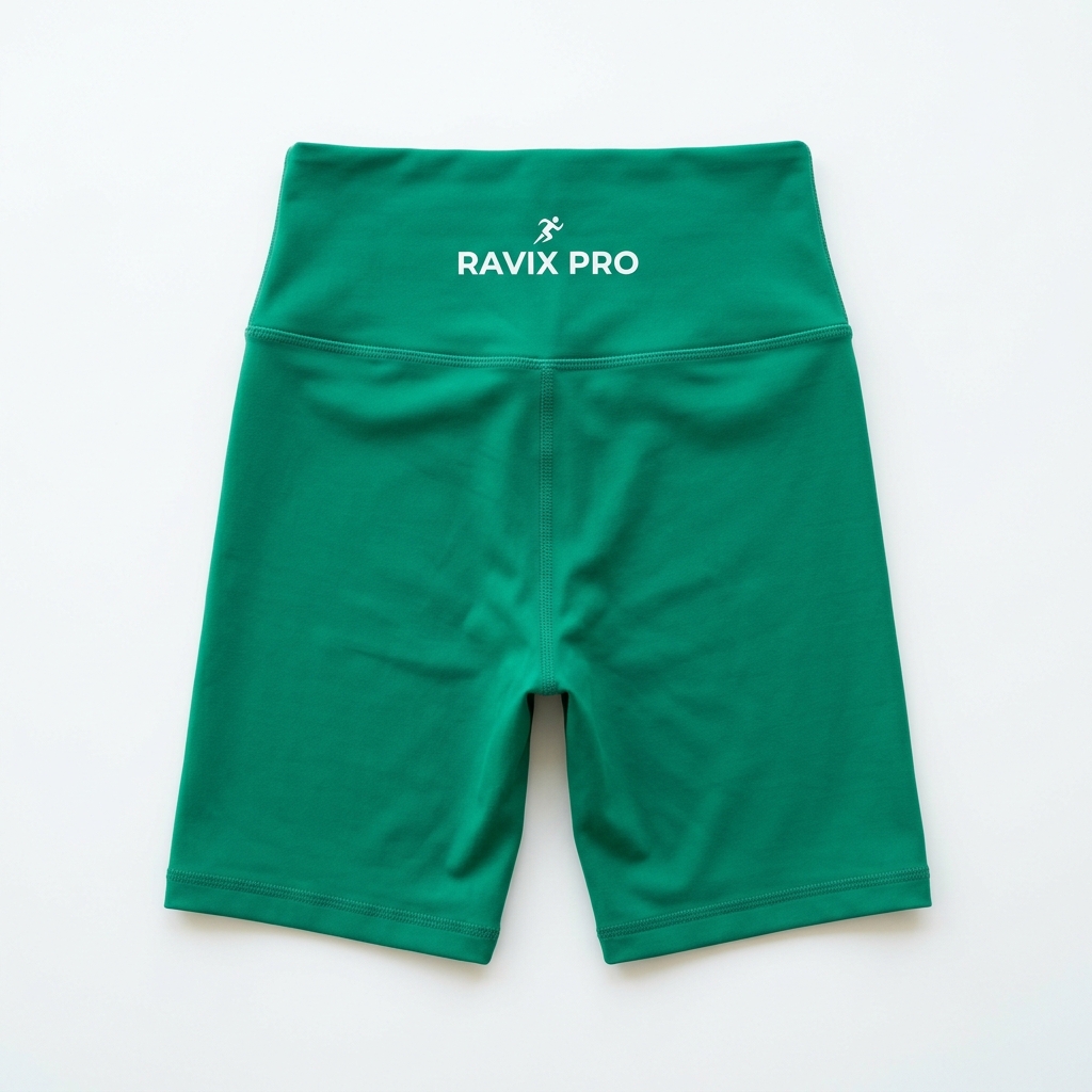 Custom Green High-Waist Biker Shorts Custom Green High-Waist Biker Shorts – front and back view, custom manufactured by Ravix Pro Industry, Sialkot