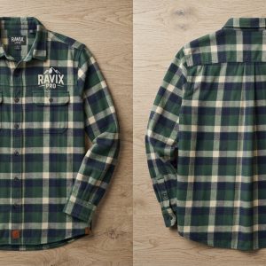 Custom Green Tartan Flannel with Chest Logo – front and back view, custom manufactured by Ravix Pro Industry, Sialkot
