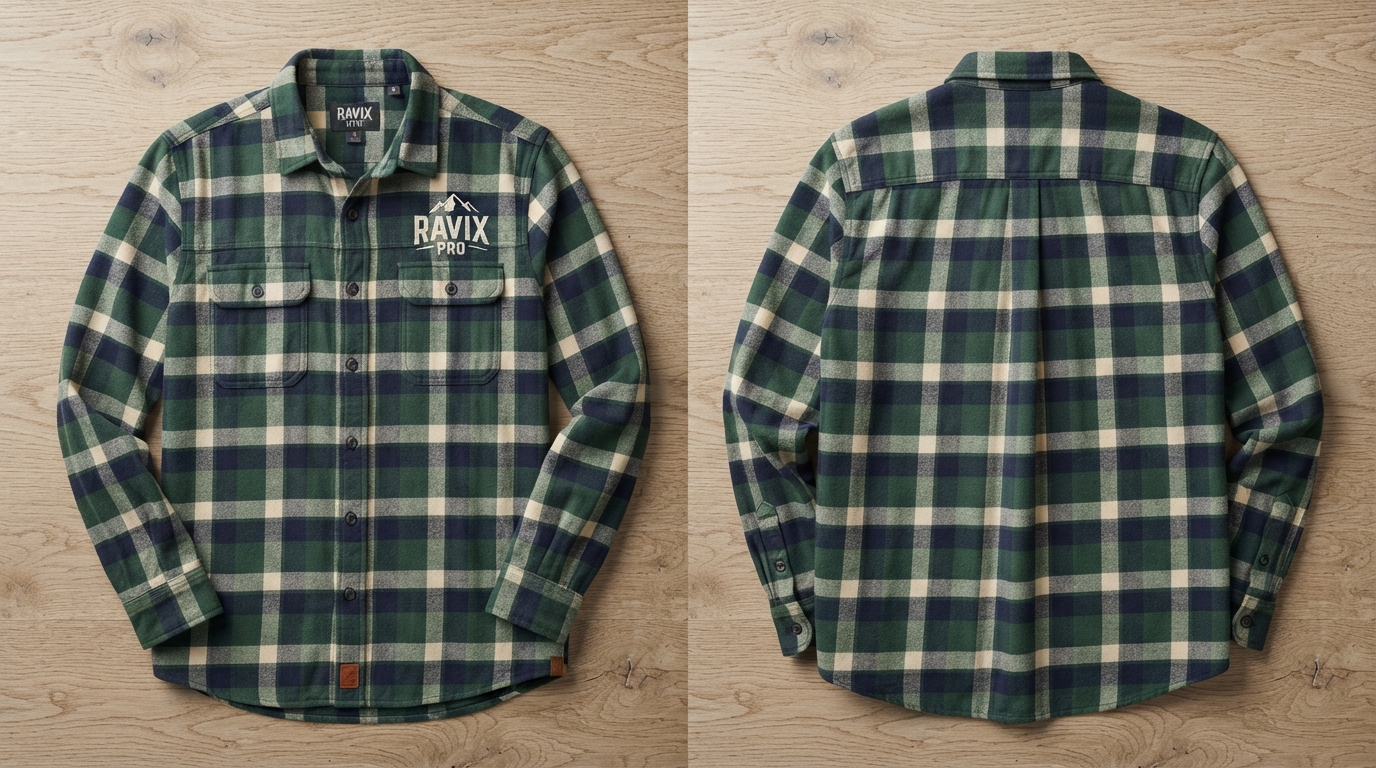 Custom Green Tartan Flannel with Chest Logo Custom Green Tartan Flannel with Chest Logo – front and back view, custom manufactured by Ravix Pro Industry, Sialkot