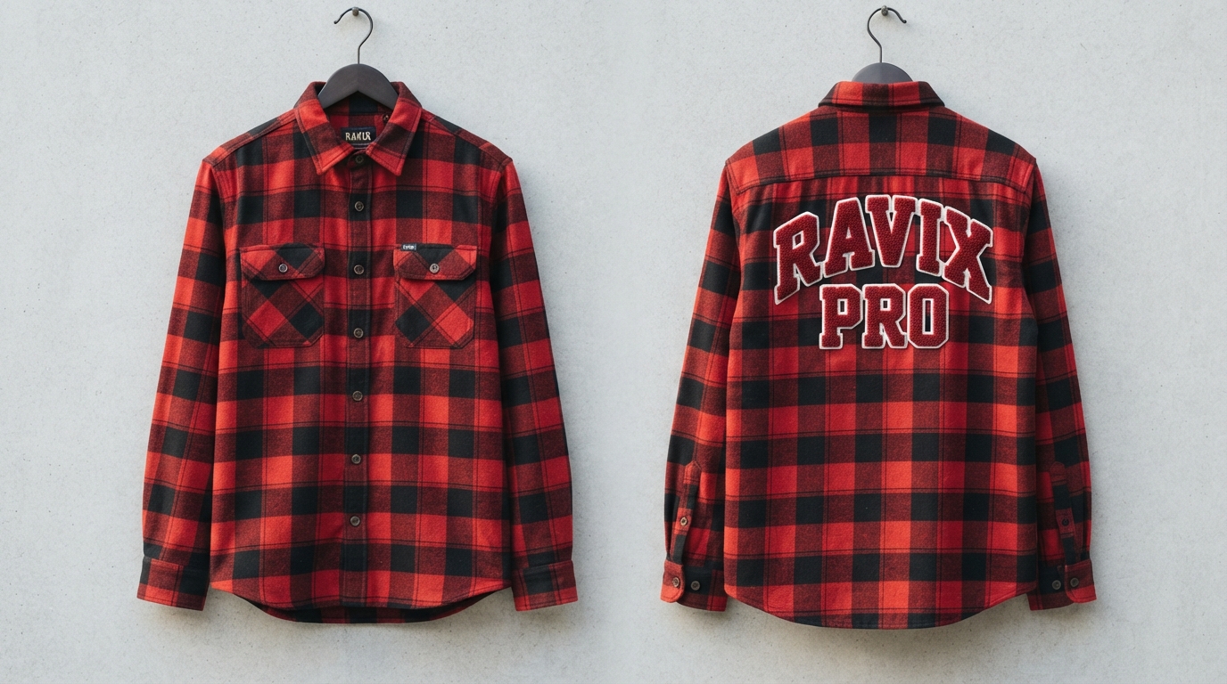 Custom Red Buffalo Check Flannel with Back Print Custom Red Buffalo Check Flannel with Back Print – front and back view, custom manufactured by Ravix Pro Industry, Sialkot