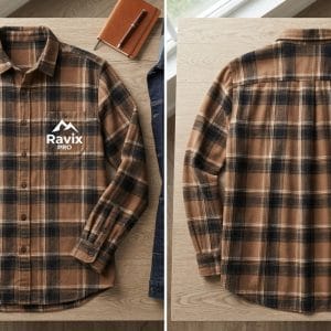 Custom Brown Plaid Flannel Shirt with Chest Print – front and back view, custom manufactured by Ravix Pro Industry, Sialkot