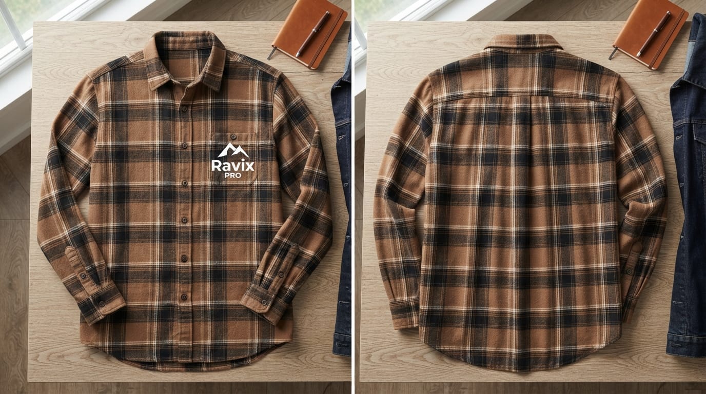 Custom Brown Plaid Flannel Shirt with Chest Print Custom Brown Plaid Flannel Shirt with Chest Print – front and back view, custom manufactured by Ravix Pro Industry, Sialkot