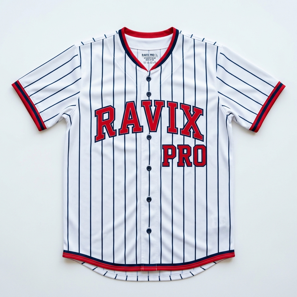 Custom White Pinstripe Baseball Jersey with Red Lettering Custom White Pinstripe Baseball Jersey with Red Lettering – front and back view, custom manufactured by Ravix Pro Industry, Sialkot