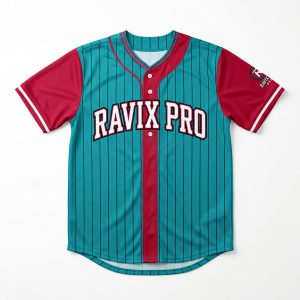 Custom Teal Pinstripe Jersey with Red Placket – front and back view, custom manufactured by Ravix Pro Industry, Sialkot