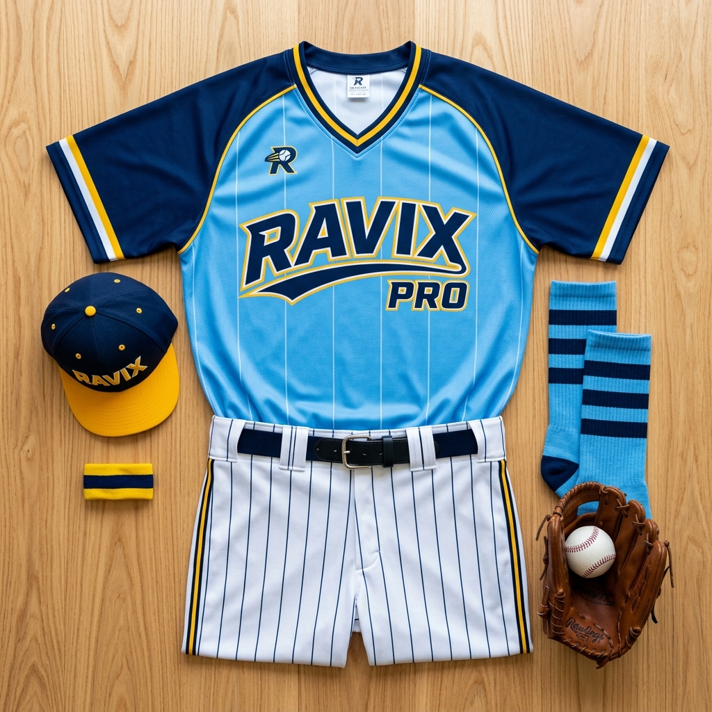 Custom Sky Blue and Navy Baseball Uniform Custom Sky Blue and Navy Baseball Uniform – front and back view, custom manufactured by Ravix Pro Industry, Sialkot