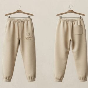 Custom Beige Fleece Joggers with Embossed Logo – front and back view, custom manufactured by Ravix Pro Industry, Sialkot