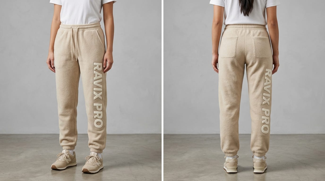 Custom Beige Joggers with Vertical Print Custom Beige Joggers with Vertical Print – front and back view, custom manufactured by Ravix Pro Industry, Sialkot