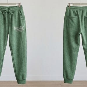 Custom Heather Green Fleece Joggers with Tonal Logo – front and back view, custom manufactured by Ravix Pro Industry, Sialkot