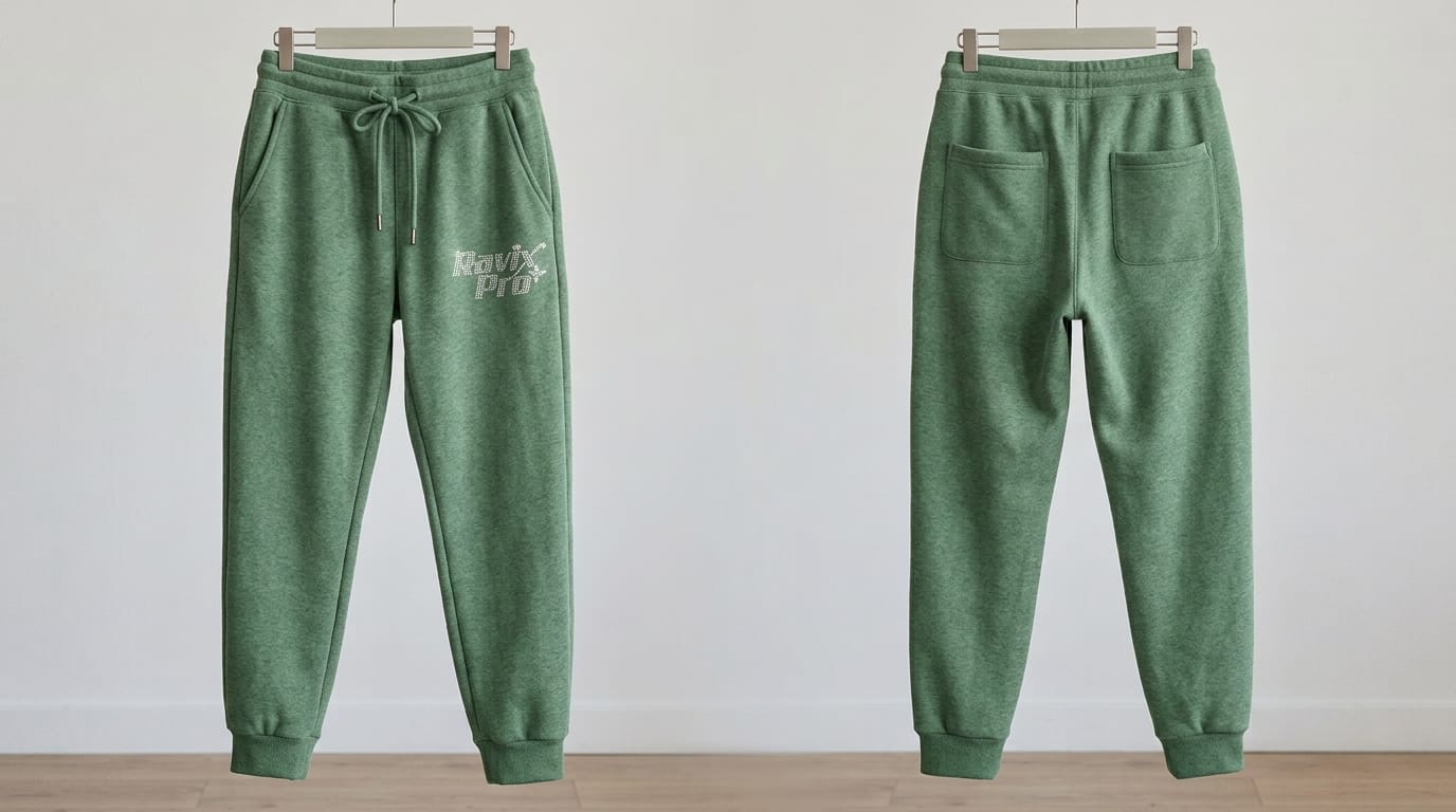 Custom Heather Green Fleece Joggers with Tonal Logo Custom Heather Green Fleece Joggers with Tonal Logo – front and back view, custom manufactured by Ravix Pro Industry, Sialkot