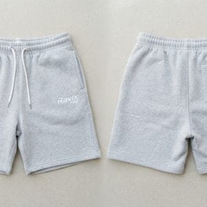 Custom Light Grey Fleece Sweat Shorts – front and back view, custom manufactured by Ravix Pro Industry, Sialkot