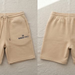 Custom Beige Fleece Sweat Shorts with Embroidered Logo – front and back view, custom manufactured by Ravix Pro Industry, Sialkot